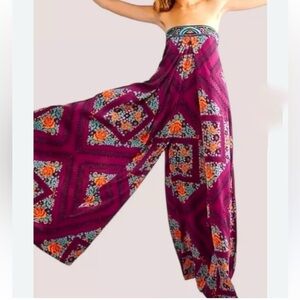 Free People Serendipity Jumpsuit Plum Floral Wide Leg Drapey Halter Embroidery-L